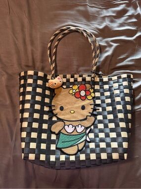 Hello Kitty Black & Cream Checkered Tote with Floral Appliqué